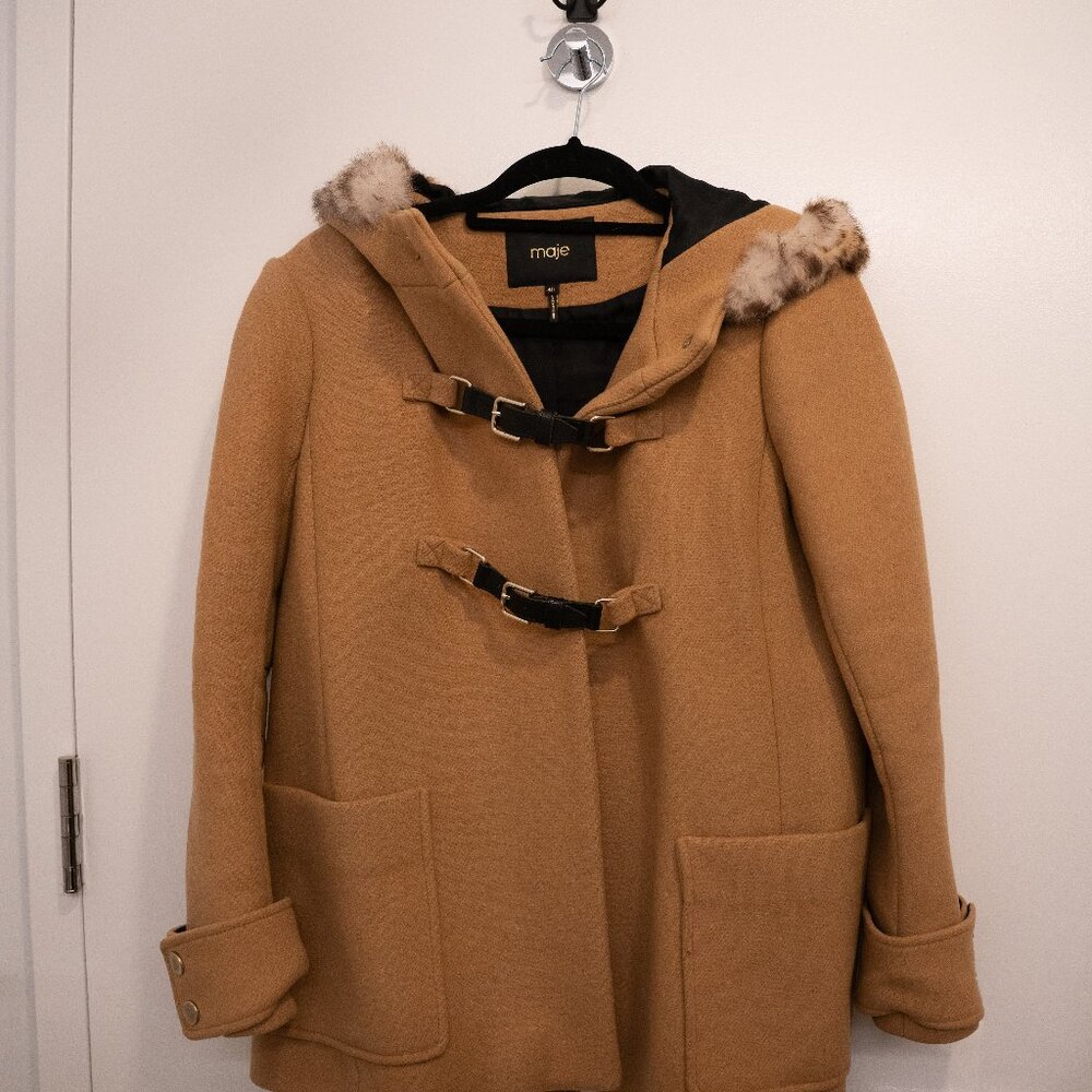 Maje Stylish Tan Camel Toggle Coat with Dyed Rabbit Fur Hood